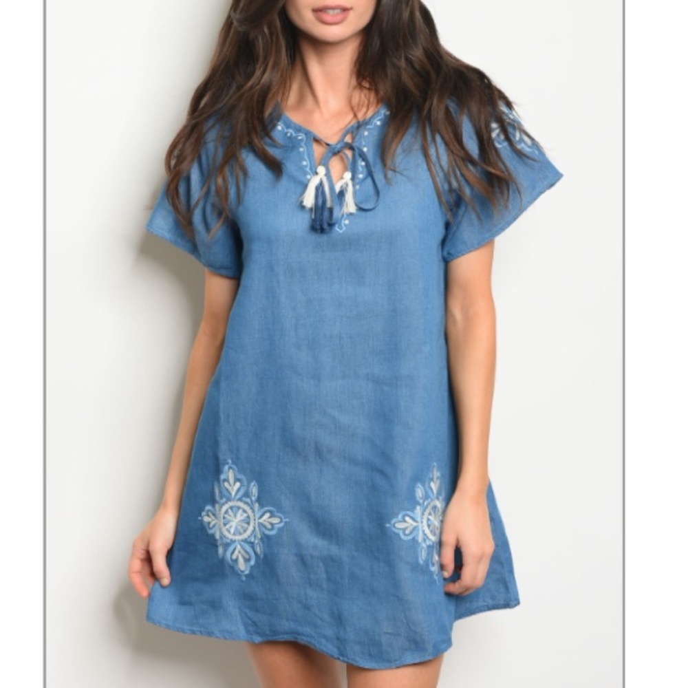 Indigo embroidered denim chambray tunic dress. - Picture 1 of 6